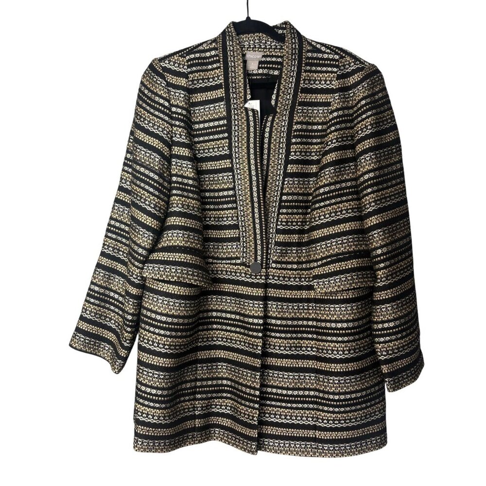 Chicos NEW Black Gold Striped Metallic Long Jacket‎ Sz 3 XL Tweed Button